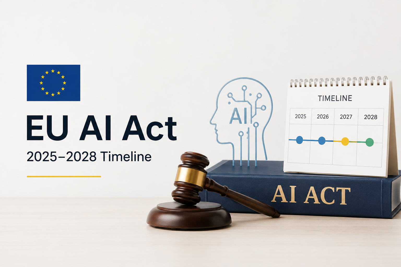 EU AI Act 2025–2028 timeline featuring an EU flag, AI technology symbol, legal gavel, AI Act book, and compliance timeline calendar.