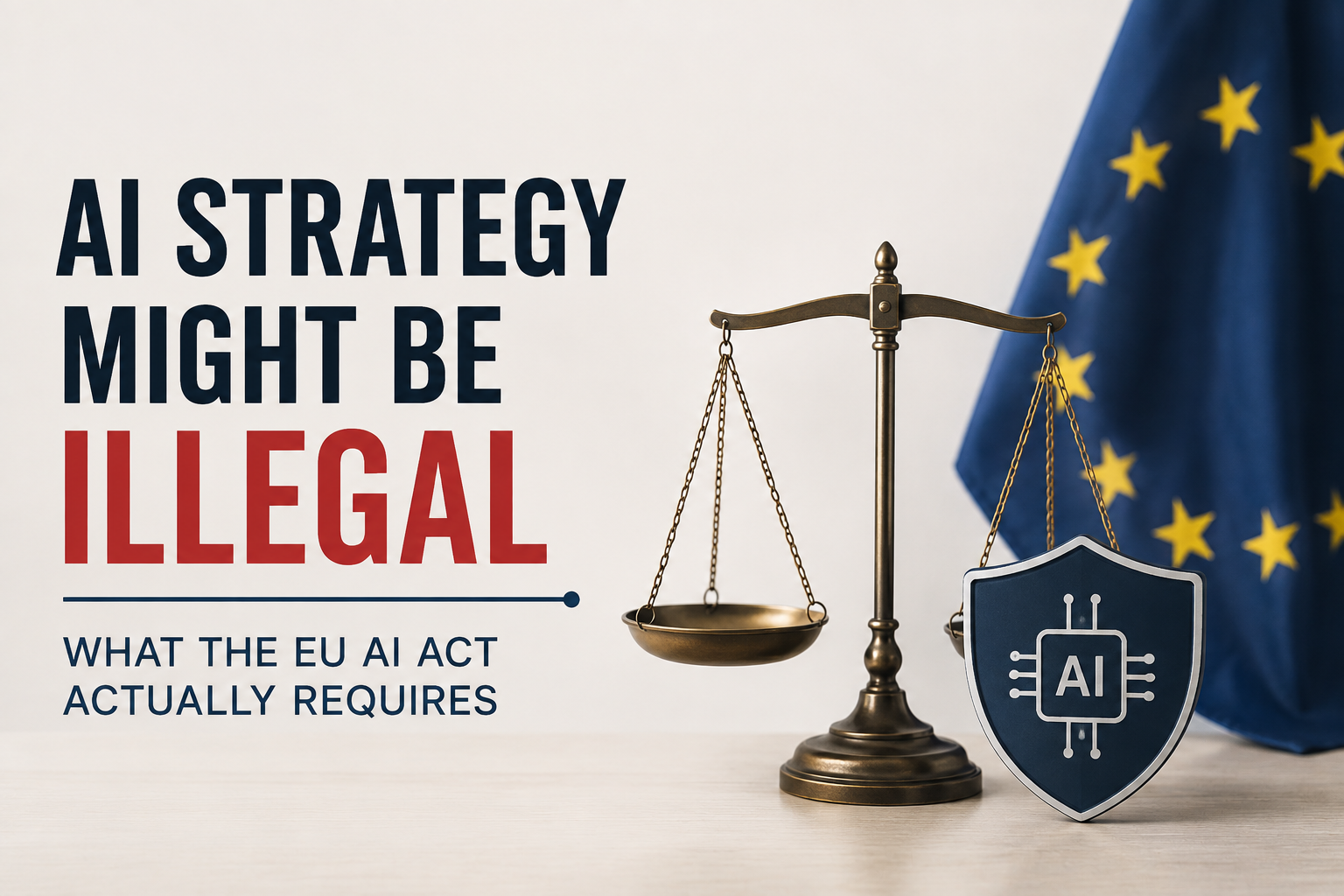 EU AI Act compliance concept featuring a legal balance scale, AI shield, and European Union flag.